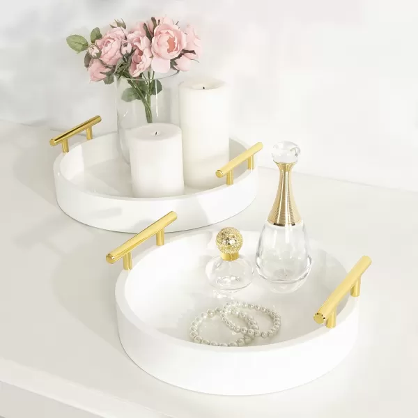 Kate and Laurel Lipton Modern Round Tray Set Set of 2 Sand and Gold Glam Decorative Tray Set for Storage and DisplayWhiteGold
