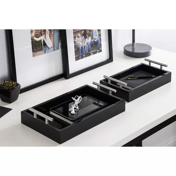 Kate and Laurel Lipton Modern Tray Set Set of 2 Black and Silver Glam Decorative Trays for Storage and DisplayBlackSilver