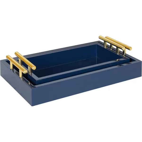 Kate and Laurel Lipton Modern Tray Set Set of 2 Black and Silver Glam Decorative Trays for Storage and DisplayNavy BlueGold