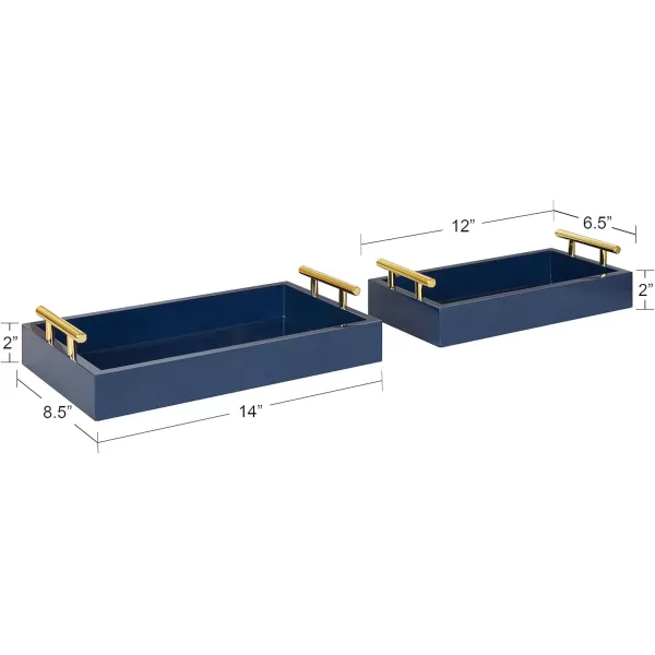Kate and Laurel Lipton Modern Tray Set Set of 2 Black and Silver Glam Decorative Trays for Storage and DisplayNavy BlueGold