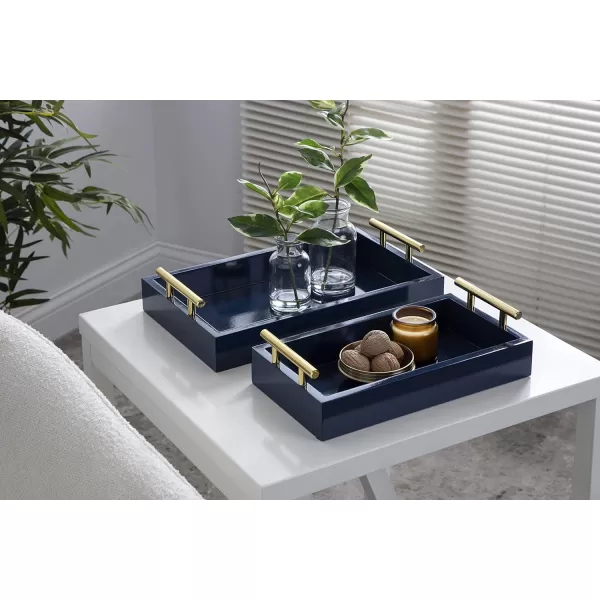Kate and Laurel Lipton Modern Tray Set Set of 2 Black and Silver Glam Decorative Trays for Storage and DisplayNavy BlueGold