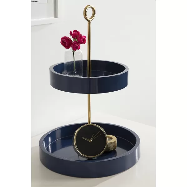 Kate and Laurel Lipton Modern Two Tier Tray 13 x 13 x 20 Walnut Brown and Gold Glam Decorative TrayNavy BlueGold