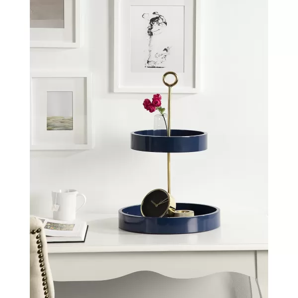 Kate and Laurel Lipton Modern Two Tier Tray 13 x 13 x 20 Walnut Brown and Gold Glam Decorative TrayNavy BlueGold