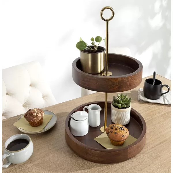Kate and Laurel Lipton Modern Two Tier Tray 13 x 13 x 20 Walnut Brown and Gold Glam Decorative TrayWalnut BrownGold