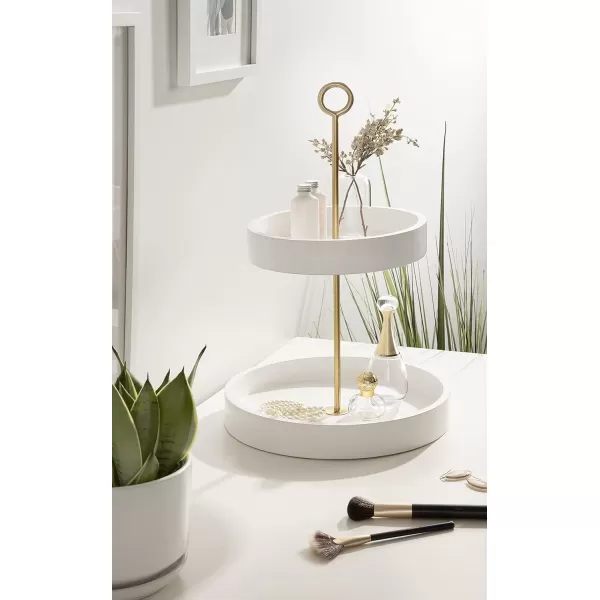 Kate and Laurel Lipton Modern Two Tier Tray 13 x 13 x 20 Walnut Brown and Gold Glam Decorative TrayWhiteGold