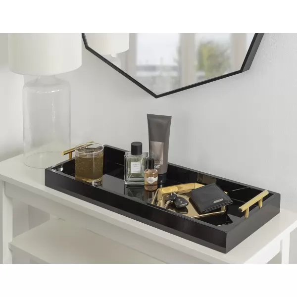 Kate and Laurel Lipton Narrow Decorative Tray with Polished Metal Handles 10 x 24 Black and Gold Chic Accent Tray for Display and StorageBlack
