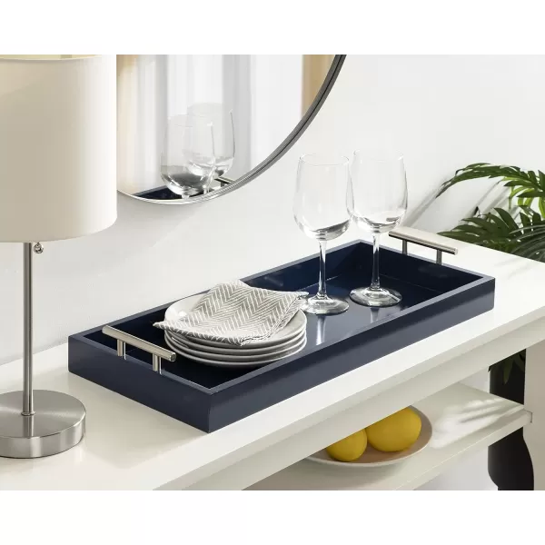 Kate and Laurel Lipton Narrow Decorative Tray with Polished Metal Handles 10 x 24 Black and Gold Chic Accent Tray for Display and StorageNavy BlueSilver
