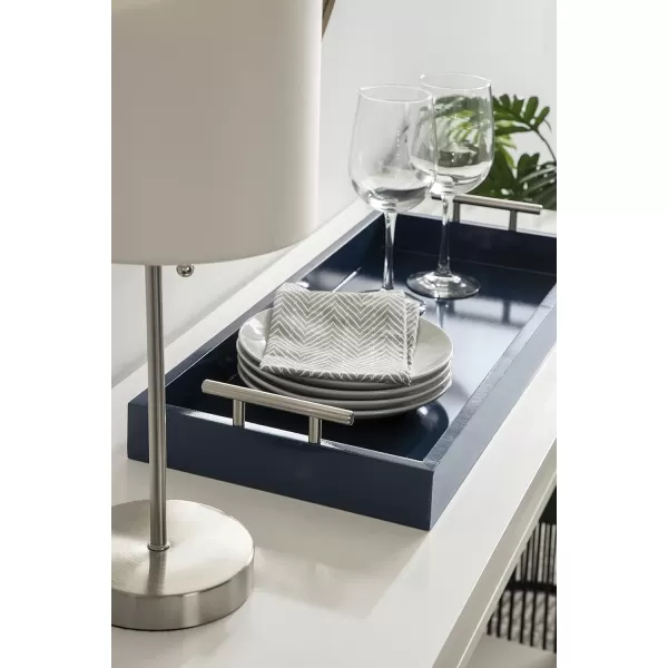 Kate and Laurel Lipton Narrow Decorative Tray with Polished Metal Handles 10 x 24 Black and Gold Chic Accent Tray for Display and StorageNavy BlueSilver