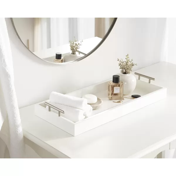 Kate and Laurel Lipton Narrow Decorative Tray with Polished Metal Handles 10 x 24 Black and Gold Chic Accent Tray for Display and StorageWhiteSilver