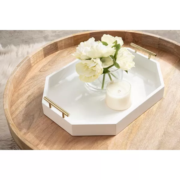 Kate and Laurel Lipton Oblong Octagon Decorative Tray 14 x 18 White and Gold Display Tray with Polished Metal Handles