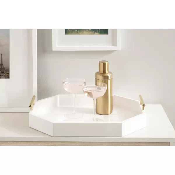 Kate and Laurel Lipton Oblong Octagon Decorative Tray 14 x 18 White and Gold Display Tray with Polished Metal Handles