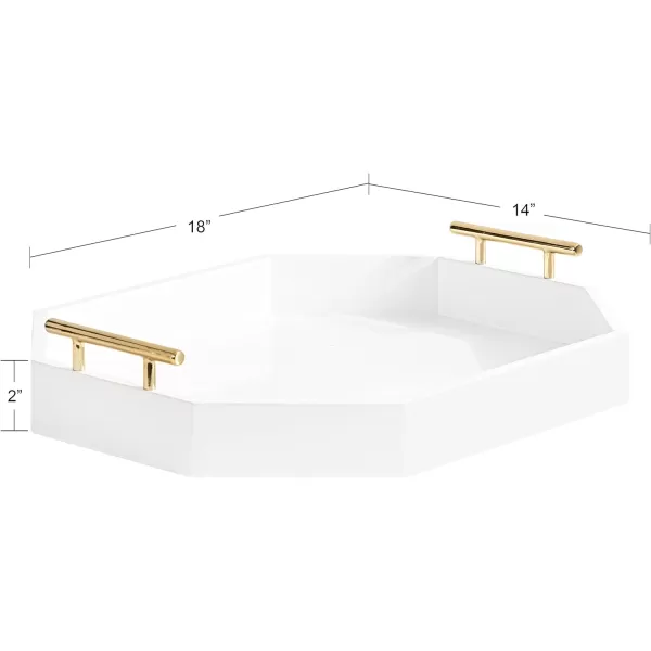 Kate and Laurel Lipton Oblong Octagon Decorative Tray 14 x 18 White and Gold Display Tray with Polished Metal Handles