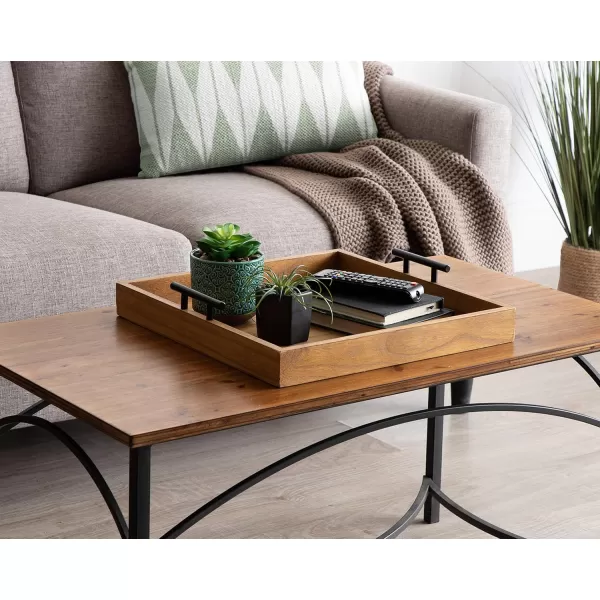 Kate and Laurel Lipton Square Decorative Wood Tray with Metal Handles 16quot x 16quot White and Gold Modern Serving Tray for Storage Or DisplayNaturalBlack