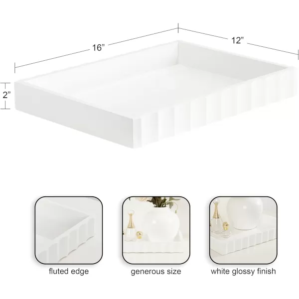 Kate and Laurel Lissi Decorative Rectangle Tray with Wavy Design 16 x 12 Natural Wood Modern Scalloped Serving Tray for Coffee Table Ottoman Dining Table or Entryway CatchAll TrayWhite