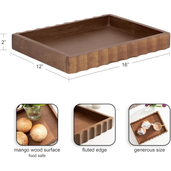 Kate and Laurel Lissi Decorative Rectangle Tray with Wavy Design 16 x 12 Natural Wood Modern Scalloped Serving Tray for Coffee Table Ottoman Dining Table or Entryway CatchAll TrayWalnut Brown
