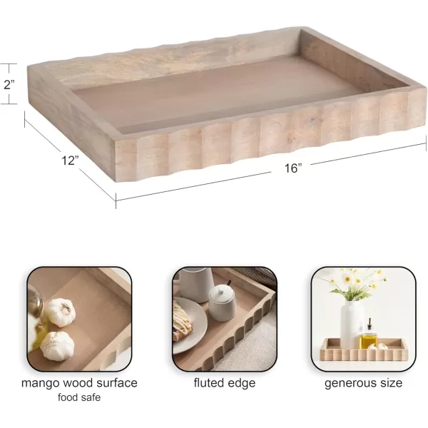Kate and Laurel Lissi Decorative Rectangle Tray with Wavy Design 16 x 12 Natural Wood Modern Scalloped Serving Tray for Coffee Table Ottoman Dining Table or Entryway CatchAll TrayNatural
