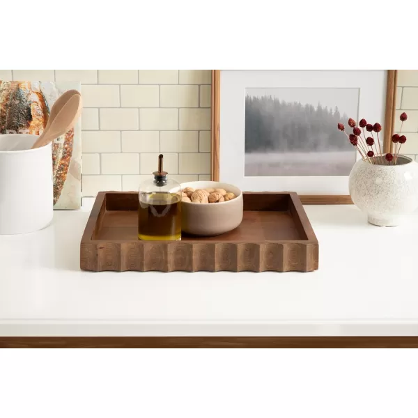 Kate and Laurel Lissi Decorative Rectangle Tray with Wavy Design 16 x 12 Natural Wood Modern Scalloped Serving Tray for Coffee Table Ottoman Dining Table or Entryway CatchAll TrayWalnut Brown