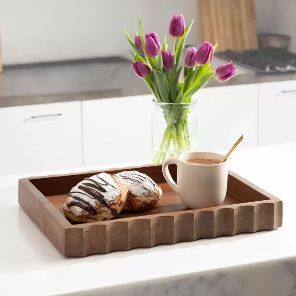Kate and Laurel Lissi Decorative Rectangle Tray with Wavy Design 16 x 12 Natural Wood Modern Scalloped Serving Tray for Coffee Table Ottoman Dining Table or Entryway CatchAll TrayWalnut Brown
