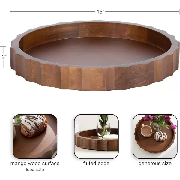 Kate and Laurel Lissi Decorative Round Tray with Wavy Design 16 Inch Diameter White Modern Scalloped Circle Serving Tray for Coffee Table Ottoman Dining Table or Entryway CatchAll TrayWalnut Brown