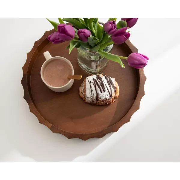 Kate and Laurel Lissi Decorative Round Tray with Wavy Design 16 Inch Diameter White Modern Scalloped Circle Serving Tray for Coffee Table Ottoman Dining Table or Entryway CatchAll TrayWalnut Brown