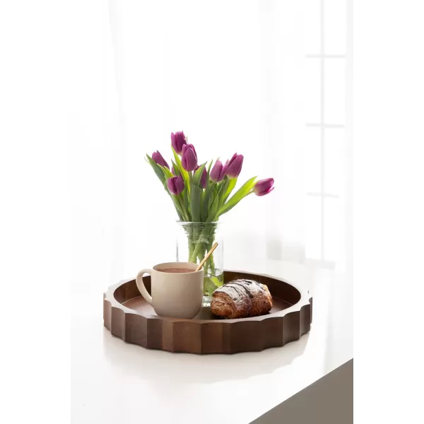 Kate and Laurel Lissi Decorative Round Tray with Wavy Design 16 Inch Diameter White Modern Scalloped Circle Serving Tray for Coffee Table Ottoman Dining Table or Entryway CatchAll TrayWalnut Brown