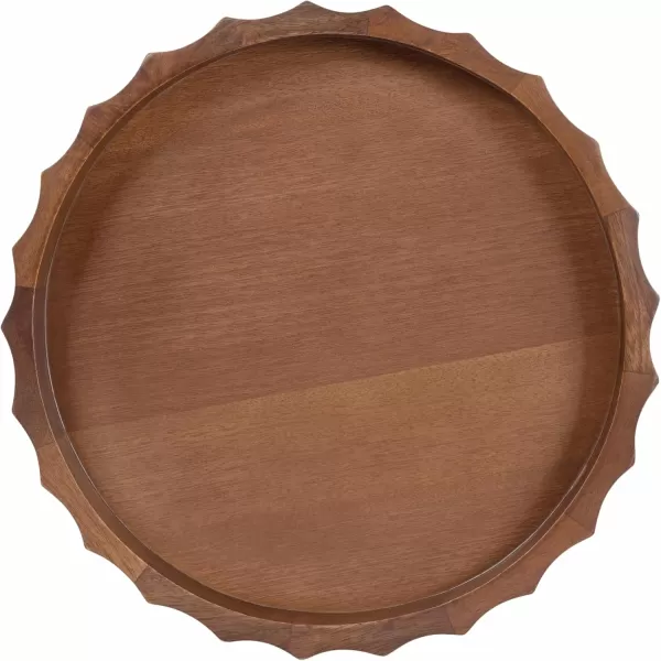 Kate and Laurel Lissi Decorative Round Tray with Wavy Design 16 Inch Diameter White Modern Scalloped Circle Serving Tray for Coffee Table Ottoman Dining Table or Entryway CatchAll TrayWalnut Brown