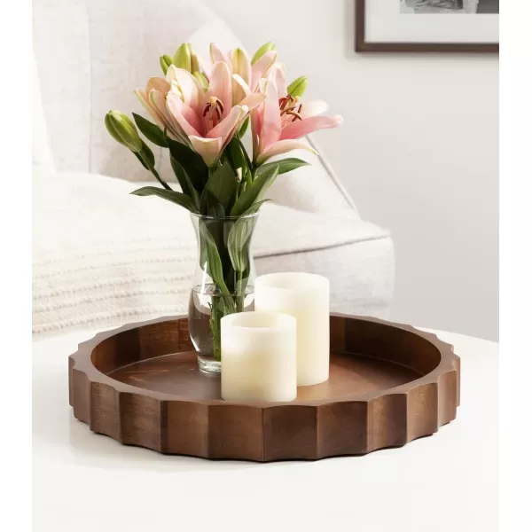Kate and Laurel Lissi Decorative Round Tray with Wavy Design 16 Inch Diameter White Modern Scalloped Circle Serving Tray for Coffee Table Ottoman Dining Table or Entryway CatchAll TrayWalnut Brown