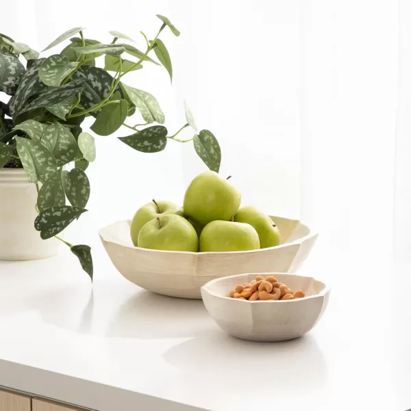 Kate and Laurel Lorah Decorative Carved Lotus Wooden Bowls Set of 2 Black Modern FoodSafe Fruit Bowls for Kitchen Counter or Use as a Key Bowl Set for an Entryway TableWhite