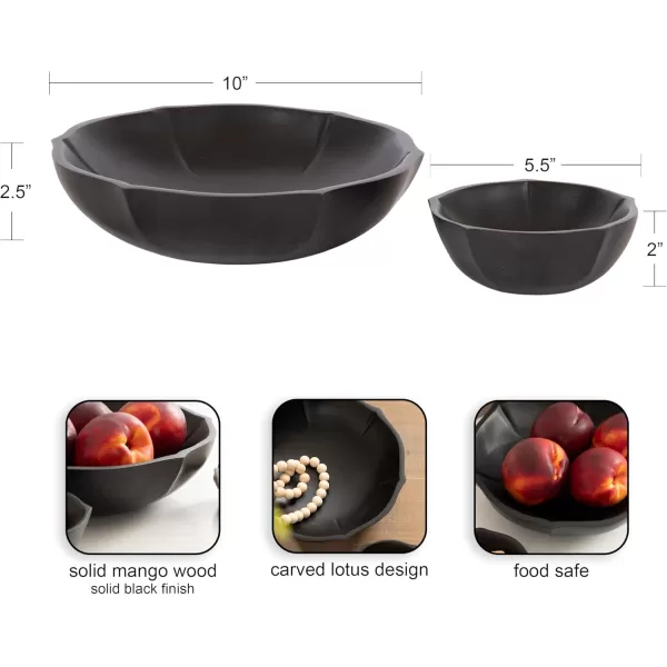 Kate and Laurel Lorah Decorative Carved Lotus Wooden Bowls Set of 2 Black Modern FoodSafe Fruit Bowls for Kitchen Counter or Use as a Key Bowl Set for an Entryway TableBlack