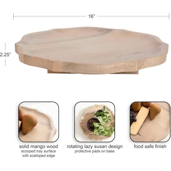 Kate and Laurel Lorah Farmhouse Wood Round Lazy Susan Tray 16 x 16 Natural Scalloped Wooden Countertop Organizer with Turning Lazy Susan for Kitchen Storage Coffee Table or Living Room Ottoman