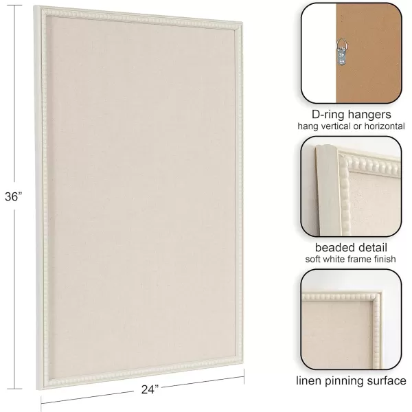 Kate and Laurel Makenna Traditional Linen Fabric Pinboard with Stunning Beaded Frame 24x36 WhiteWhite