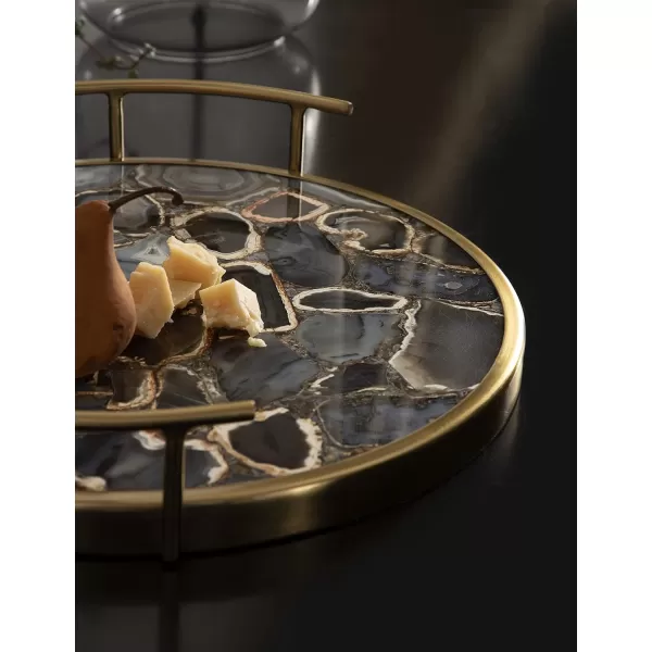 Kate and Laurel Marbury Modern Round Marble Tray 14 Inch Diameter Silver Decorative White Marble Tray for Display and StorageBlack Agate and Gold