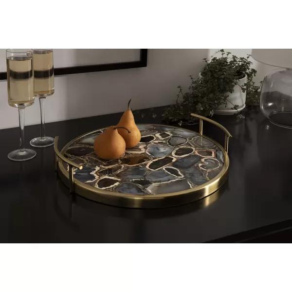 Kate and Laurel Marbury Modern Round Marble Tray 14 Inch Diameter Silver Decorative White Marble Tray for Display and StorageBlack Agate and Gold