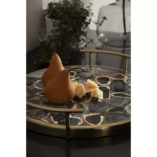 Kate and Laurel Marbury Modern Round Marble Tray 14 Inch Diameter Silver Decorative White Marble Tray for Display and StorageBlack Agate and Gold