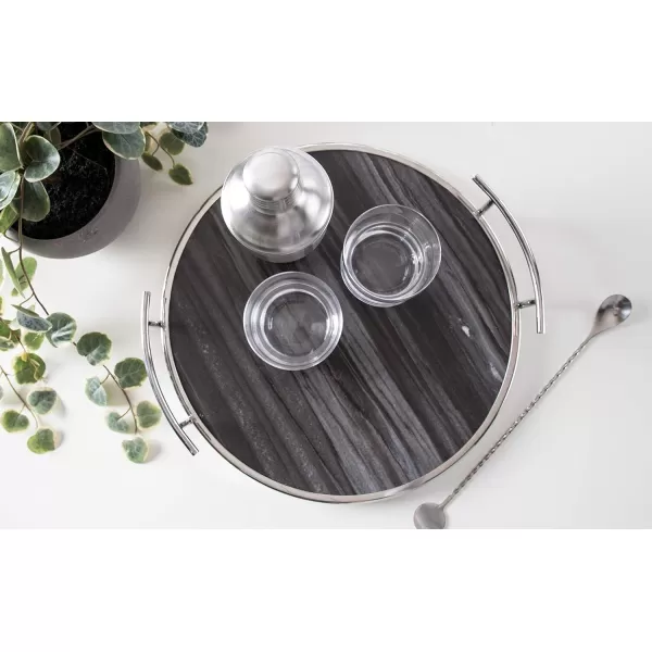 Kate and Laurel Marbury Modern Round Marble Tray 14 Inch Diameter Silver Decorative White Marble Tray for Display and StorageGray