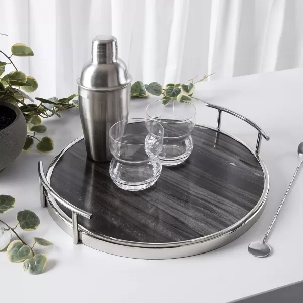 Kate and Laurel Marbury Modern Round Marble Tray 14 Inch Diameter Silver Decorative White Marble Tray for Display and StorageGray