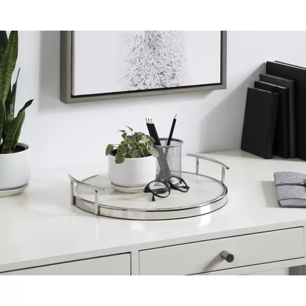 Kate and Laurel Marbury Modern Round Marble Tray 14 Inch Diameter Silver Decorative White Marble Tray for Display and StorageSilver