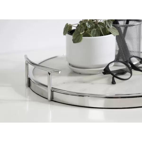 Kate and Laurel Marbury Modern Round Marble Tray 14 Inch Diameter Silver Decorative White Marble Tray for Display and StorageSilver