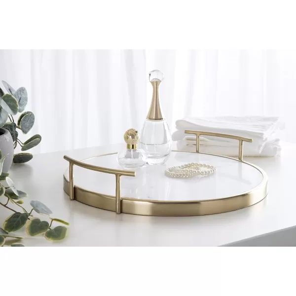 Kate and Laurel Marbury Modern Round Marble Tray 14 Inch Diameter Silver Decorative White Marble Tray for Display and StorageWhiteGold