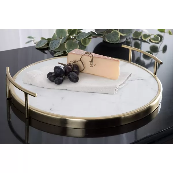 Kate and Laurel Marbury Modern Round Marble Tray 14 Inch Diameter Silver Decorative White Marble Tray for Display and StorageWhiteGold
