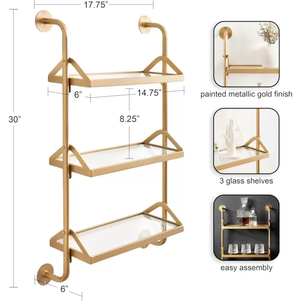 Kate and Laurel Marit ThreeTiered Wall Shelf 18 x 6 x 30 Silver Glam Decorative Floating Shelf Storage and Wall Organizer for Over The Toilet Storage Bathroom DisplayGold