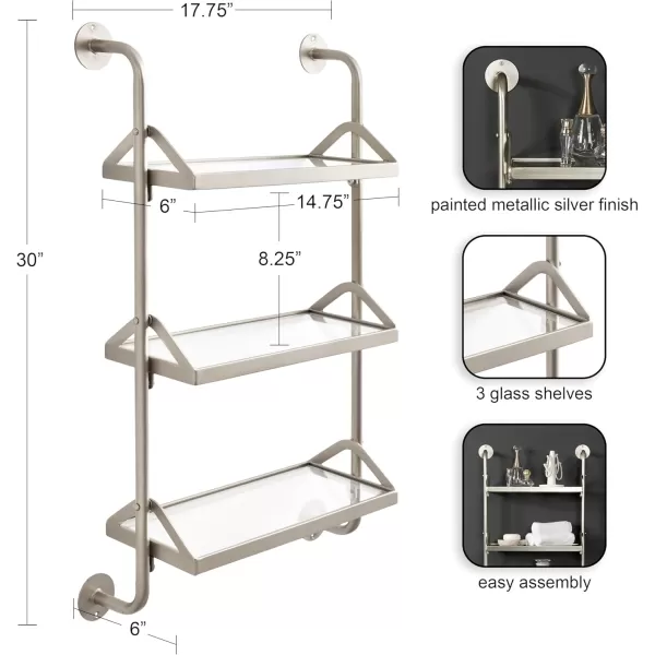 Kate and Laurel Marit ThreeTiered Wall Shelf 18 x 6 x 30 Silver Glam Decorative Floating Shelf Storage and Wall Organizer for Over The Toilet Storage Bathroom DisplaySilver