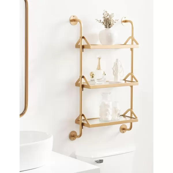 Kate and Laurel Marit ThreeTiered Wall Shelf 18 x 6 x 30 Silver Glam Decorative Floating Shelf Storage and Wall Organizer for Over The Toilet Storage Bathroom DisplayGold