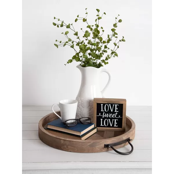 Kate and Laurel Marmora CasualFarmhouse Round Wooden Decorative Tray with Black Metal Handles Distressed Coastal White Finish 18inch DiameterRustic Brown