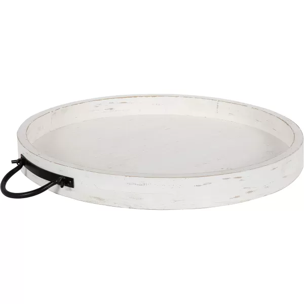 Kate and Laurel Marmora CasualFarmhouse Round Wooden Decorative Tray with Black Metal Handles Distressed Coastal White Finish 18inch DiameterWhite
