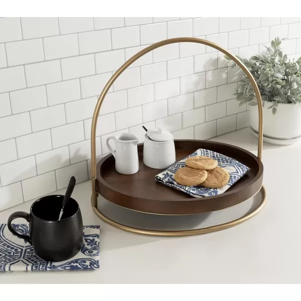 Kate and Laurel Maxfield Midcentury Oval Tray 16 x 11 x 14 Walnut Brown and Gold Decorative Modern Tray for Serving Display and Storage