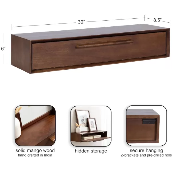 Kate and Laurel McCutcheon MidCentury Floating Console Table for Entryway 30 x 9 x 6 Walnut Brown Decorative Transitional Floating Entryway Table for Use as Living Room Storage Wall ShelfWalnut Brown