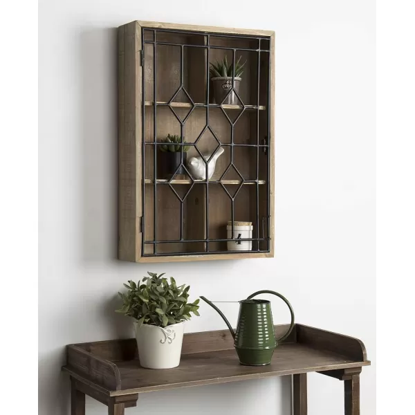 Kate and Laurel Megara Decorative Wooden Wall Hanging Curio Cabinet for Open Storage with Decorative Black Iron Door Whitewash FinishRustic BrownBlack