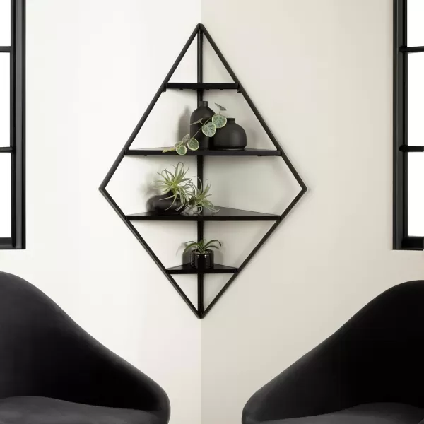 Kate and Laurel Melora Modern Glam Corner Shelf 24 x 17 x 38 White and Gold Glamorous Floating Corner Shelving with Four Shelves and Unique Geometric ShapeBlack