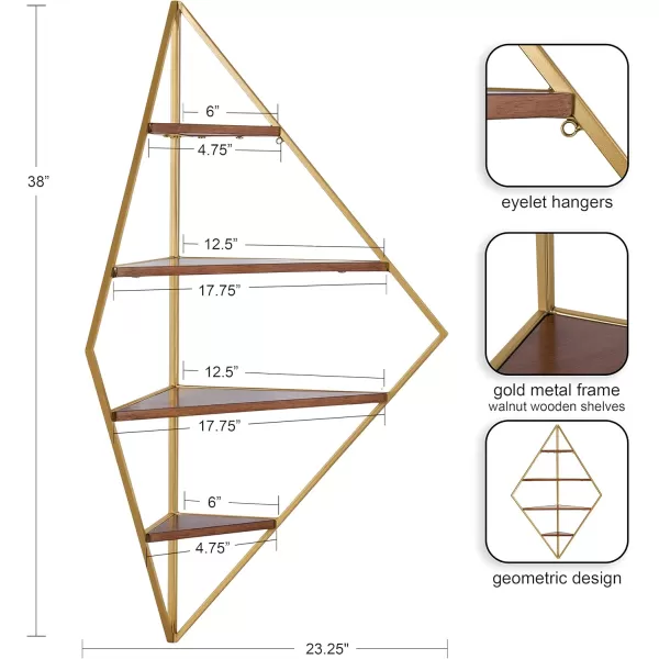 Kate and Laurel Melora Modern Glam Corner Shelf 24 x 17 x 38 White and Gold Glamorous Floating Corner Shelving with Four Shelves and Unique Geometric ShapeWalnut Brown